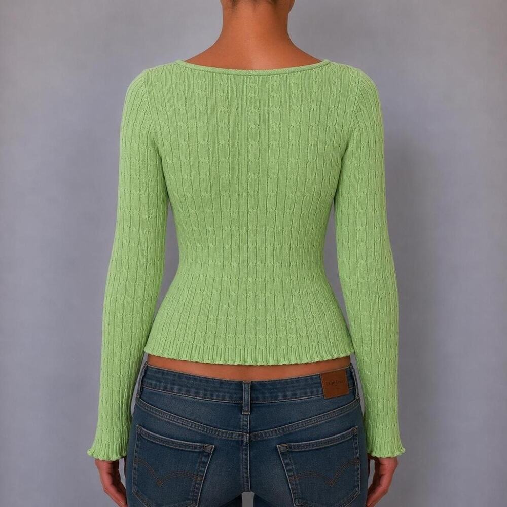 RALPH LAUREN Vintage Silk Green Cable Knit V Neck Preppy Luxury Sweater Size L - Picture 2 of 8